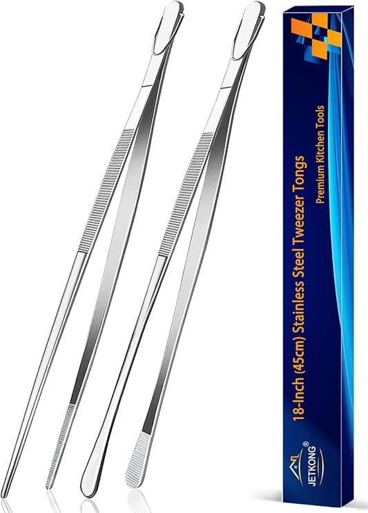 JETKONG 2 Pcs 18 Inch (45cm) Stainless Steel Grill Tongs Heavy Duty Giant Tweezer Tongs, Extra Large Tweezers Tools for Cooking, Grilling, BBQ and Turning Food (Silver) by JETKONG