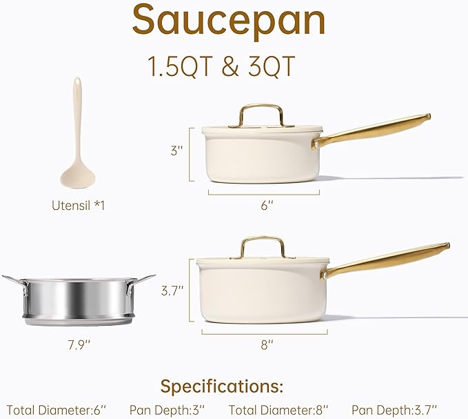 CAROTE 1.5Qt & 3.0Qt Stainless Steel Saucepan Set with Steamer & Ladle, Non-Toxic 3-Ply Stainless Steel Pot with Lids, Small Pots for Cooking, Oven Safe, Induction Compatible Cookware - Image 2
