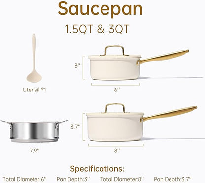 CAROTE 1.5Qt & 3.0Qt Stainless Steel Saucepan Set with Steamer & Ladle, Non-Toxic 3-Ply Stainless Steel Pot with Lids, Small Pots for Cooking, Oven Safe, Induction Compatible Cookware - Image 2