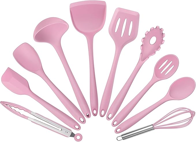 Silicone Cooking Utensils Set of 10, Leonyo Black Kitchen Utensils Set for Cooking, 446°F Heat Resistant Silicone Kitchen Tools with Turner Spatula, Soup Ladle, Spoons for Nonstick Cookware, Pink