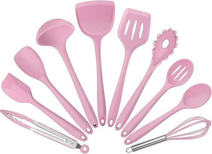 Silicone Cooking Utensils Set of 10, Leonyo Black Kitchen Utensils Set for Cooking, 446°F Heat Resistant Silicone Kitchen Tools with Turner Spatula, Soup Ladle, Spoons for Nonstick Cookware, Pink