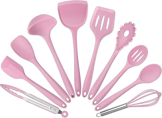 Silicone Cooking Utensils Set of 10, Leonyo Black Kitchen Utensils Set for Cooking, 446°F Heat Resistant Silicone Kitchen Tools with Turner Spatula, Soup Ladle, Spoons for Nonstick Cookware, Pink