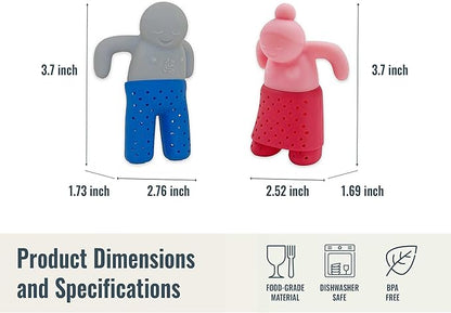 Cute Tea Infuser Set for Loose-Leaf Tea - Funny Silicone Tea Strainer Couple in Pink and Blue/Grey, Small Gift for Tea Lovers and Couples, Tea Steeper Set of 2
