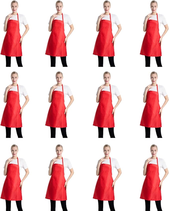 Total 12 PCS Plain Red Bib Apron for Women Men Adult with 2 Front Pockets Cooking Kitchen Baking BBQ(True Red-12pcs) by TSDSTORY