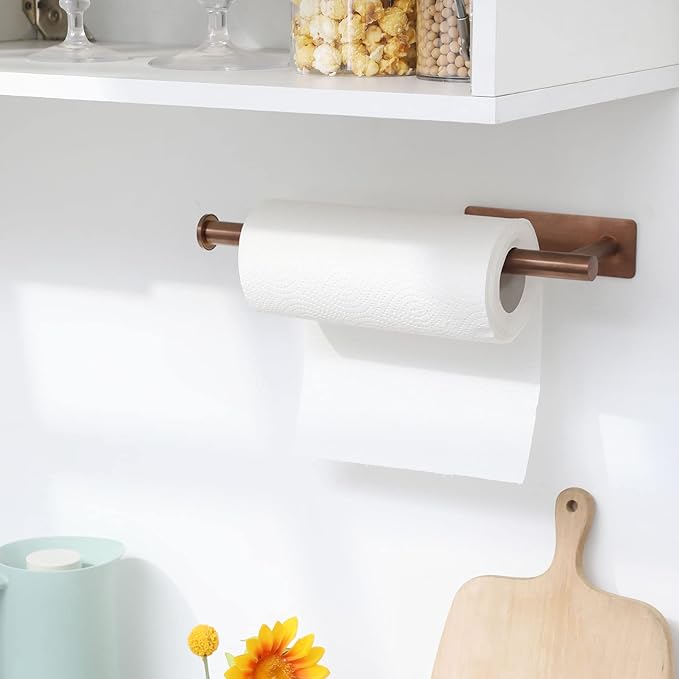 theaoo Rose Gold Paper Towel Holder - Under Cabinet Paper Towel Holder for Kitchen, Adhesive Paper Towel Roll Rack for Bathroom Towel, Wall Mounted Paper Towel Rack, SUS304 Stainless Steel - Image 7