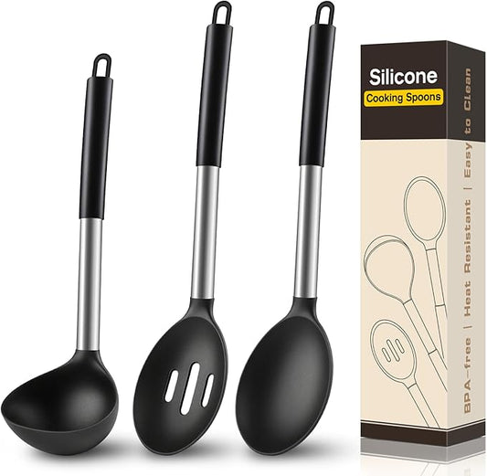3 Pcs Silicone Cooking Spoon Set, Kitchen Utensils Include Solid & Slotted Spoon, Soup Ladle, Food-Grade Heat Resistant, Non-Scratch Spoons for Serving, Stirring, Draining, Dishwasher Safe, Black by Unknown