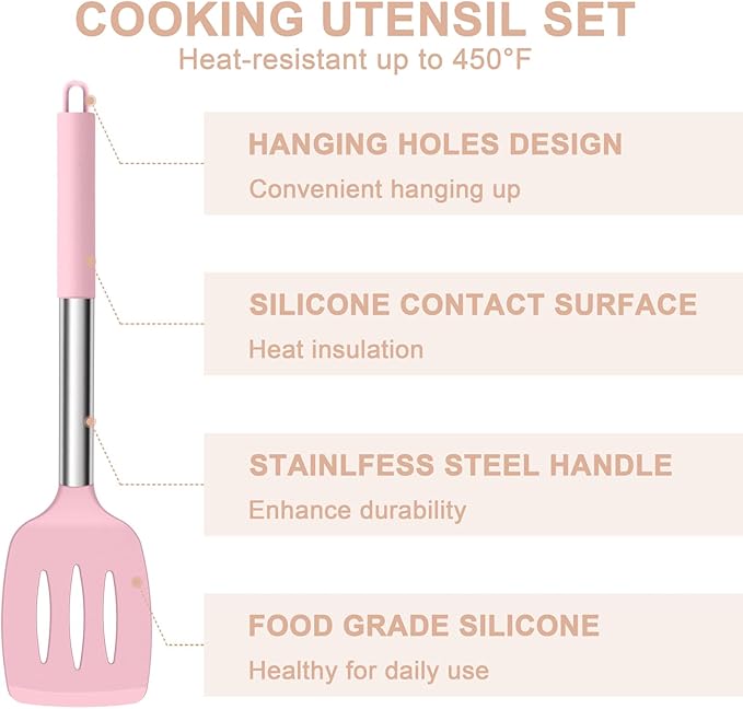 E-far Silicone Cooking Utensils Set, 7 Pcs Heat Resistant Kitchen Utensils with Stainless Steel Handle, Slotted Turner, Spoon, Soup Ladle, Pasta Server, Skimmer, Tongs for Nonstick Cookware, Pink - Image 3