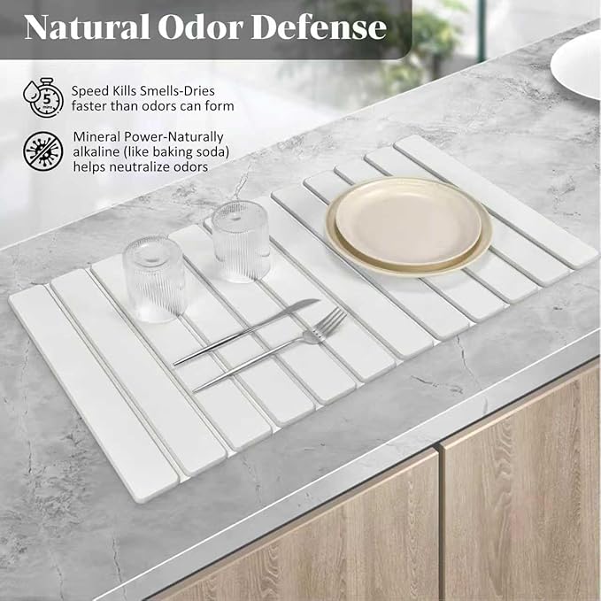 Large Stone Dish Drying Mats for Kitchen Counter, 28"(L)×16"(W), Fast Drying Collapsible Dish Drying Mat, Eco-Friendly Absorbent Diatomaceous Earth Mats for Dishes Cups, Match Any Countertop - Image 3