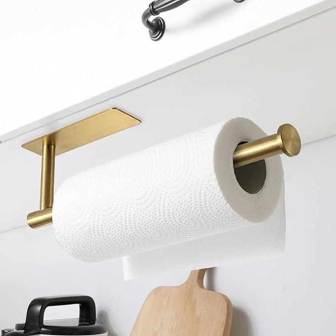 theaoo Paper Towel Holder for Kitchen, Adhesive Under Cabinet Paper Towel Roll Rack for Bathroom Towel, Wall Mounted Matte Black, SUS304 Stainless Steel(1, Gold) - Image 2