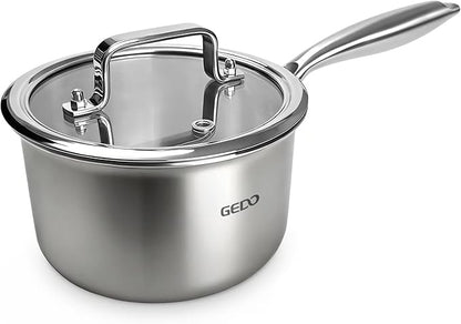 GEDO 3-Ply 304 Stainless Steel Saucepan with Lid, One-Piece Rivet-Free & Seamless Design, Angled Spout & Heat-Resistant Handle, Universal Stovetop Compatible for Indoor Cooking (7 In / 18cm Size) by GEDOGuardianofFamilyHealth