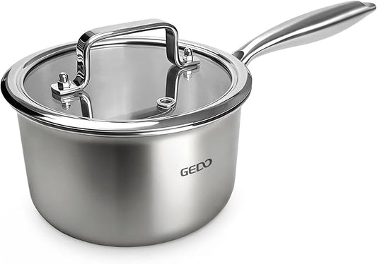 GEDO 3-Ply 304 Stainless Steel Saucepan with Lid, One-Piece Rivet-Free & Seamless Design, Angled Spout & Heat-Resistant Handle, Universal Stovetop Compatible for Indoor Cooking (7 In / 18cm Size) by GEDOGuardianofFamilyHealth