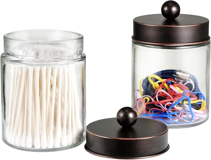 SheeChung 4-Pack Glass Qtip Holder Dispenser - Rust-Proof Stainless Steel Apothecary Jars with Labels -Bathroom Organizer for Cotton Swabs, Balls, Pads-Vintage Rustic Decor (Oil Rubbed Bronze)