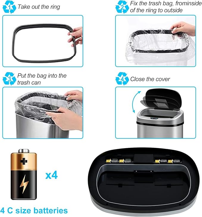 Bigacc Kitchen Trash Can | Stainless Steel 13 Gallon Trash Can | 50L Touch Free Garbage Can with Lid | Electronic Sensor High Capacity Trash Bin for Bathroom Kitchen Office, Silver - Image 8