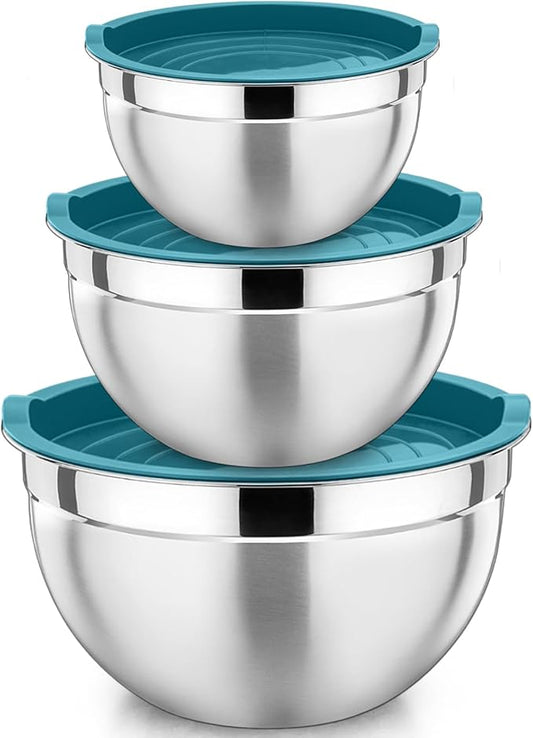 P&P CHEF Blue Mixing Bowls with Lids, Set of 3, Stainless Steel Salad Nesting Bowl for Mixing, Storing, Prepping, Airtight & Stackable, Size 4.6/3 /1.5 QT by PPCHEF