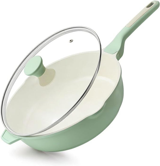 SENSARTE Nonstick Ceramic Skillet with Lid 12-inch/5QT, Non Toxic Deep Frying Pan, Saute Pan with Lid, Stay-cool Handle, Healthy Cooking Pot Dishwasher Safe, Induction Compatible, Green by SENSARTE