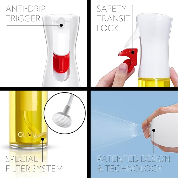 OLIVIA. The Original Advanced Oil Sprayer for Cooking, Salads, BBQs and More, Continuous Spray with Portion Control, Trusted by Chefs. Patented Technology. (Glass Bottle) (White Print) - Image 2