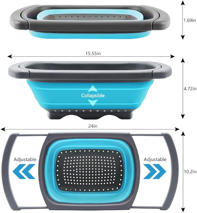 QiMH Collapsible Colander Set of 3-2 PC 4 Quart and 1 PC 6 Quart Over the Sink Colander - Food-Grade Sturdy Plastic Base - Round Space-save Silicone Kitchen Foldable Food Strainer - Image 3
