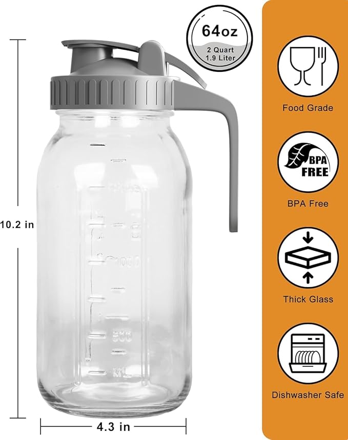 2 Pack - 64oz Glass Pitcher with Lid Wide Mouth, 2 Quart (1.9 Liter) Mason Jar Pitcher with Lid and Spout, Leakproof Water Jug for Water, Juice, Tea, Iced Coffee, Milk Storage - Image 2