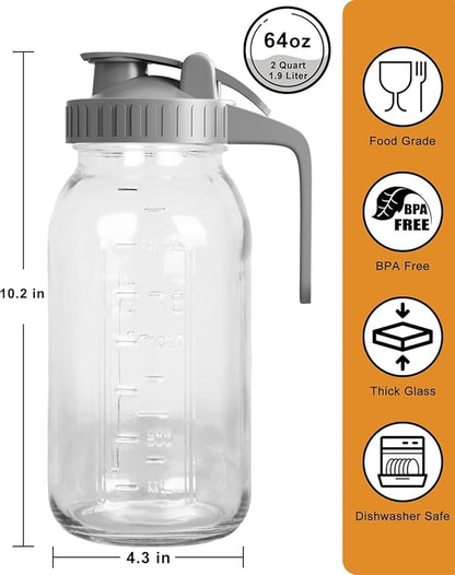 2 Pack - 64oz Glass Pitcher with Lid Wide Mouth, 2 Quart (1.9 Liter) Mason Jar Pitcher with Lid and Spout, Leakproof Water Jug for Water, Juice, Tea, Iced Coffee, Milk Storage - Image 2