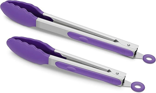 2 Pack Silicone Kitchen Tongs – 9" & 12" Set, Heat Resistant up to 500°F, Non‑Stick Cookware Safe, Wavy Silicone Tips, BPA Free, Locking Clip & Hanging Loop, Purple by ALLWIN-HOUSEWARE