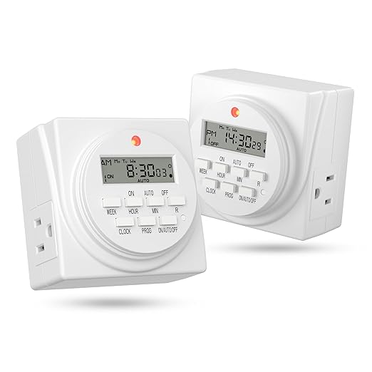 BN-LINK Indoor Digital Timer Outlet, Dual Outlet 7 Day Programmable Light Switch, 3 Prong Plug in Timers for Electrical Outlets, Lamps, Fans, 8 On/Off Programs, 2 Pack, 15A/1875W, ETL Listed by BN-LINK