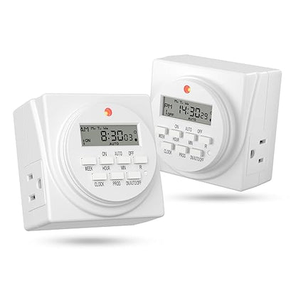 BN-LINK Indoor Digital Timer Outlet, Dual Outlet 7 Day Programmable Light Switch, 3 Prong Plug in Timers for Electrical Outlets, Lamps, Fans, 8 On/Off Programs, 2 Pack, 15A/1875W, ETL Listed by BN-LINK
