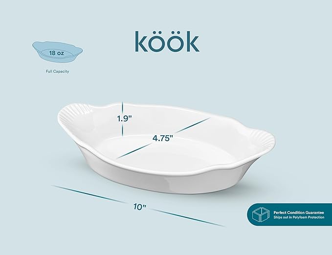 Au Gratin Baking Dishes, Ceramic, by Kook, for Casseroles, Lasagna & Cobblers, Individual Serving, Set of 2, Oven, Microwave & Dishwasher Safe Bakeware, 18 oz, Ivory - Image 7