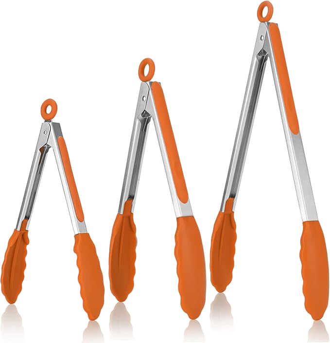 Kitchen Tongs, U-Taste 7/9/12 inches Cooking Tongs, with 600ºF High Heat-Resistant Non-Stick Silicone Tips, 18/8 Stainless Steel Handle, for Food Grill, Salad, BBQ, Frying, Serving, Pack of 3(Orange) by U-Taste