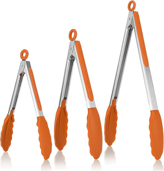 Kitchen Tongs, U-Taste 7/9/12 inches Cooking Tongs, with 600ºF High Heat-Resistant Non-Stick Silicone Tips, 18/8 Stainless Steel Handle, for Food Grill, Salad, BBQ, Frying, Serving, Pack of 3(Orange) by U-Taste