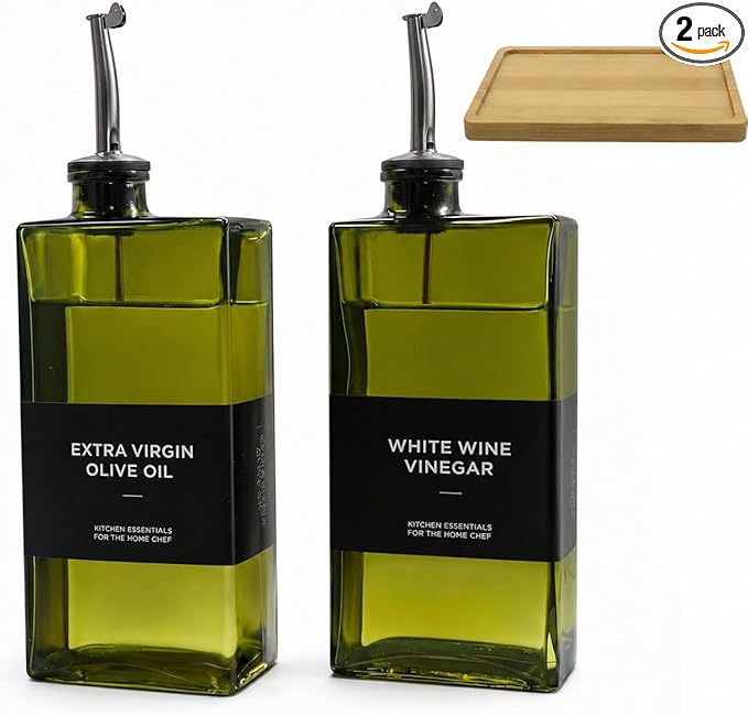 Glass Olive Oil Dispenser Bottle Set of 2 (16.9 oz/500 ml), Green Square Oil & Vinegar Cruet with Drip-Reducing Pour Spouts, Bamboo Tray + Stainless Steel Funnel, 40 Labels for Kitchen Counter