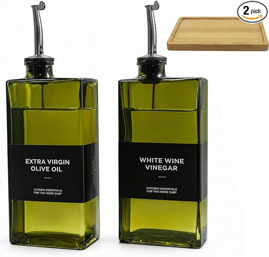 Glass Olive Oil Dispenser Bottle Set of 2 (16.9 oz/500 ml), Green Square Oil & Vinegar Cruet with Drip-Reducing Pour Spouts, Bamboo Tray + Stainless Steel Funnel, 40 Labels for Kitchen Counter