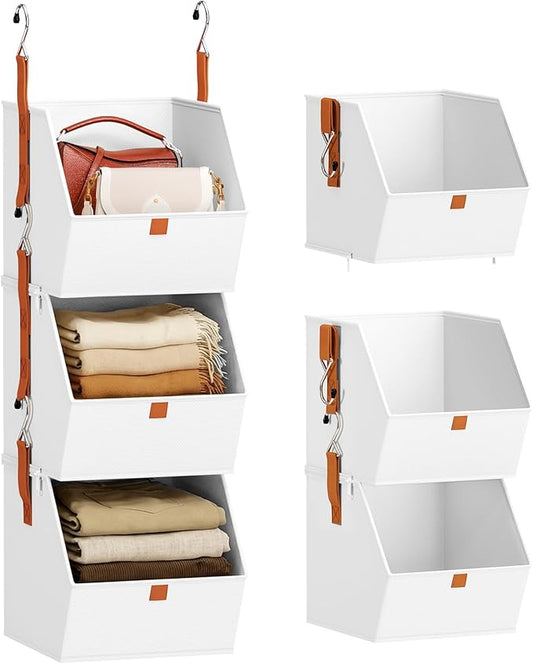 Homsorout Collapsible Hanging Closet Organizer - 3 Tier Closet Shelves Storage System with Hooks, Fabric Hanging Storage Bins for Clothes, Foldable Storage Basket for Laundry, Bedroom, Rv, White