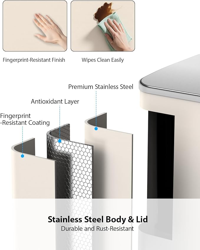 Lovewind Dual Trash and Recycling Bins for Kitchen, 2 * 11-Gallon Stainless Steel Double Trash Can, Step-On Garbage and Recycle Combo, Quiet Close, Pet-Proof, Compatible with 13-Gallon Bags, Apricot - Image 4