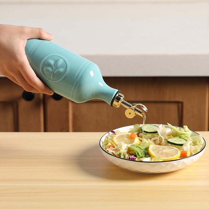 Sweejar 16 Oz Ceramic Olive Oil Dispenser Bottle, Oil Dispenser for Kitchen with Gravity Spout, Relief Opaque Vinegar Container for Evoo, Soy Sauce, 1 Pack(Turquoise, Gold Spout) - Image 5