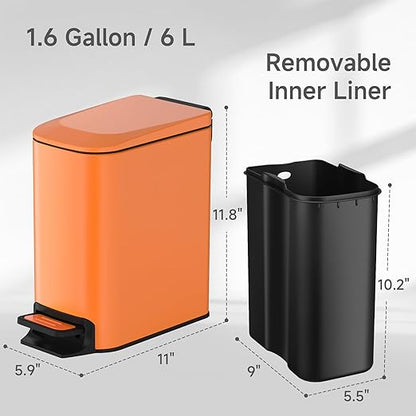 TIPGO Small Bathroom Trash Can with Lid Soft Close, 6 Liter / 1.6 Gallon Stainless Steel Garbage Can with Removable Inner Bucket, Step Pedal, Slim Trash Cans for Bedroom, Office, Kitchen (Orange) - Image 6