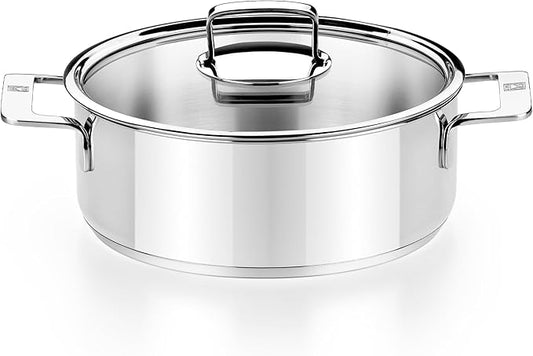 BRA COOKWARE Signature Stainless Steel Stock Pot w/Glass Lid | 9.5 Inch 4 Quart Professional Grade Cooking Pot | PFOA Free Deep Pot | All Cooktops | All Cooktops (incl. Induction) & Oven Safe