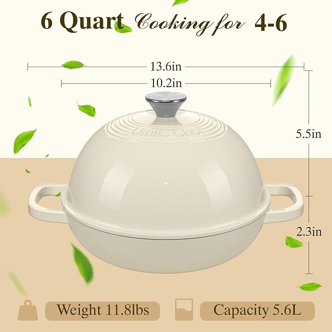 Enameled Round Cast Iron Bread Oven, 6 Qt Cast Iron Dutch Oven for Homemade Sourdough Bread Baking, Bread Pot with Dome Lid & Cotton Potholders (Cream White) - Image 8