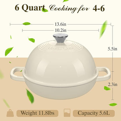 Enameled Round Cast Iron Bread Oven, 6 Qt Cast Iron Dutch Oven for Homemade Sourdough Bread Baking, Bread Pot with Dome Lid & Cotton Potholders (Cream White) - Image 8