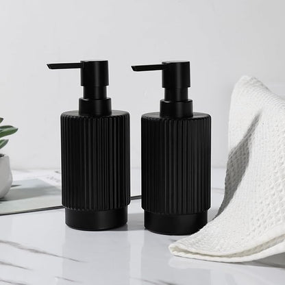 VIMERPA Hand and Dish Soap Dispenser Set for Kitchen, 2 Pack 11 fl oz Matte Black Ribbed Glass Soap and Lotion Dispensers Sets with Pump for Bathroom, Modern Refillable Liquid Soap Pump Bottle