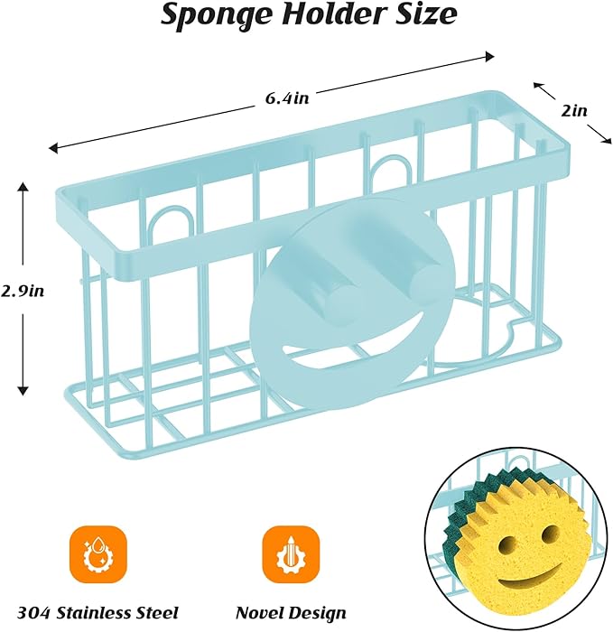 MURLONG Sponge Holder Smiley Face,Sink Caddy for Kitchen Sink,Sponge Holder with 2 PCS Suction Cups/1 PCS Adhesive Strips,Designed for Sponge,Soap,Dish Brush,Scrubber-Blue - Image 2