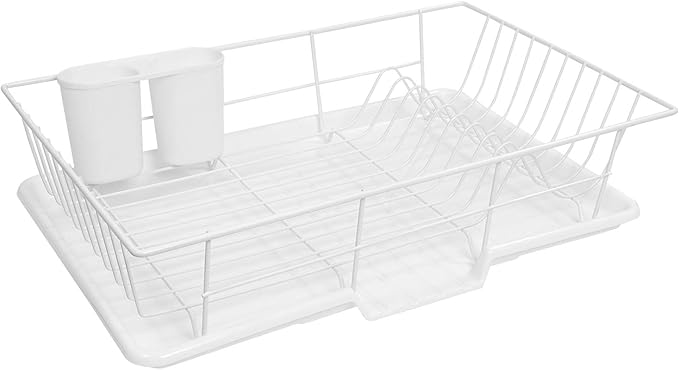 Sweet Home Collection Space-Saving 3-Piece Dish Drainer Rack Set: Efficient Kitchen Organizer for Quick Drying and Storage - Includes Cutlery Holder and Drainboard - Maximize Countertop Space, White by SweetHomeCollection