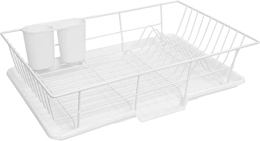 Sweet Home Collection Space-Saving 3-Piece Dish Drainer Rack Set: Efficient Kitchen Organizer for Quick Drying and Storage - Includes Cutlery Holder and Drainboard - Maximize Countertop Space, White by SweetHomeCollection