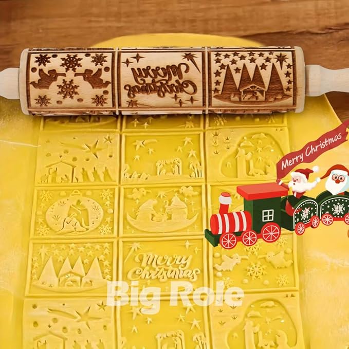 Christmas Embossed Rolling Pin for Baking Cookies Embossing Rolling Pins with Design Wooden Engraved Springerle Roller Pin Dough Patterned Clay Pottery Ceramic Bakers Women (Nativity Patterns)