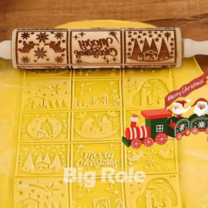 Christmas Embossed Rolling Pin for Baking Cookies Embossing Rolling Pins with Design Wooden Engraved Springerle Roller Pin Dough Patterned Clay Pottery Ceramic Bakers Women (Nativity Patterns)