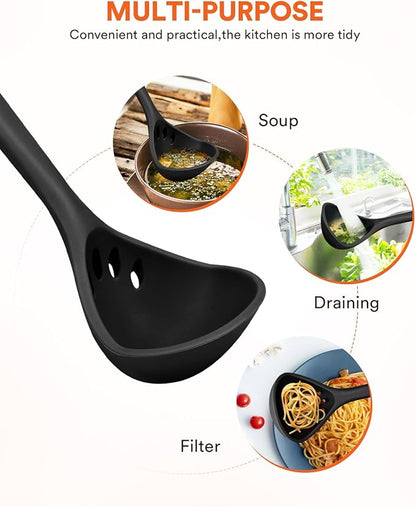 Large Silicone Ladle Spoon for Soup, Non Stick Kitchen Utensils with High Heat Resistant, BPA Free, Perfect Kitchen Tools for Cooking, Stirring,Serving Soups, 13.2inch (Black)