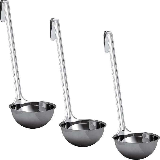 Super Sturdy, Ergonomic 8 Oz. Soup Ladle 3 Pk. Stainless Steel Ladles with Long Handles. Best Kitchen Accessories for Stirring, Portioning and Serving Soups, Chili and Stew in Restaurants and at Home by FoodRestaurantSupplies