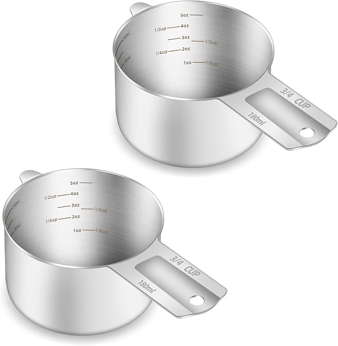 2PCS 3/4Cup (180ml, 6oz) Single Measuring Cup, Etched Inner Scale Stainless Steel Measure Scoop, Metric and US Measurement, Dishwasher Safe by BERYLER
