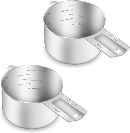 2PCS 3/4Cup (180ml, 6oz) Single Measuring Cup, Etched Inner Scale Stainless Steel Measure Scoop, Metric and US Measurement, Dishwasher Safe by BERYLER