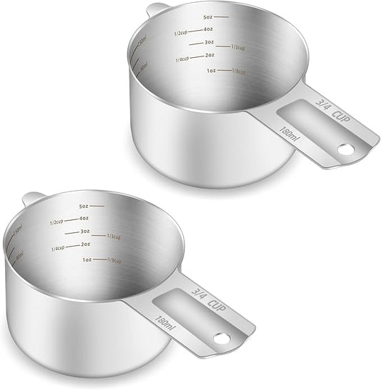 2PCS 3/4Cup (180ml, 6oz) Single Measuring Cup, Etched Inner Scale Stainless Steel Measure Scoop, Metric and US Measurement, Dishwasher Safe by BERYLER