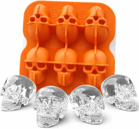 Skull Ice Cube Mold, 6-Cavity Silicone Ice Tray for Whiskey, Cocktails, and Beverages, Food-Grade Flexible Ice Maker for Halloween & Party Drinks, Easy Release & Dishwasher Safe (Orange)
